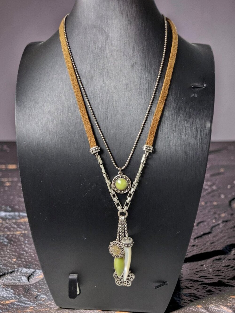 Vintage Leather,Chain 4 Strand Charms Pendant,Faux Tooth Adjustable Necklace